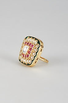 Gold Finish Kundan Polki & Green Stone Meenakari Ring