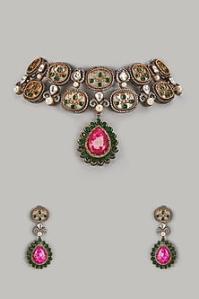 Gold Finish Hot Pink Stone & Zircon Choker Necklace Set