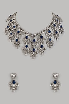 White Finish Zircon & Blue Stone Long Necklace Set