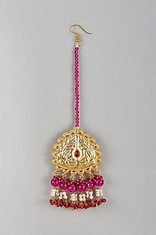 Gold Finish Kundan Polki & Pink Beaded Maangtikka