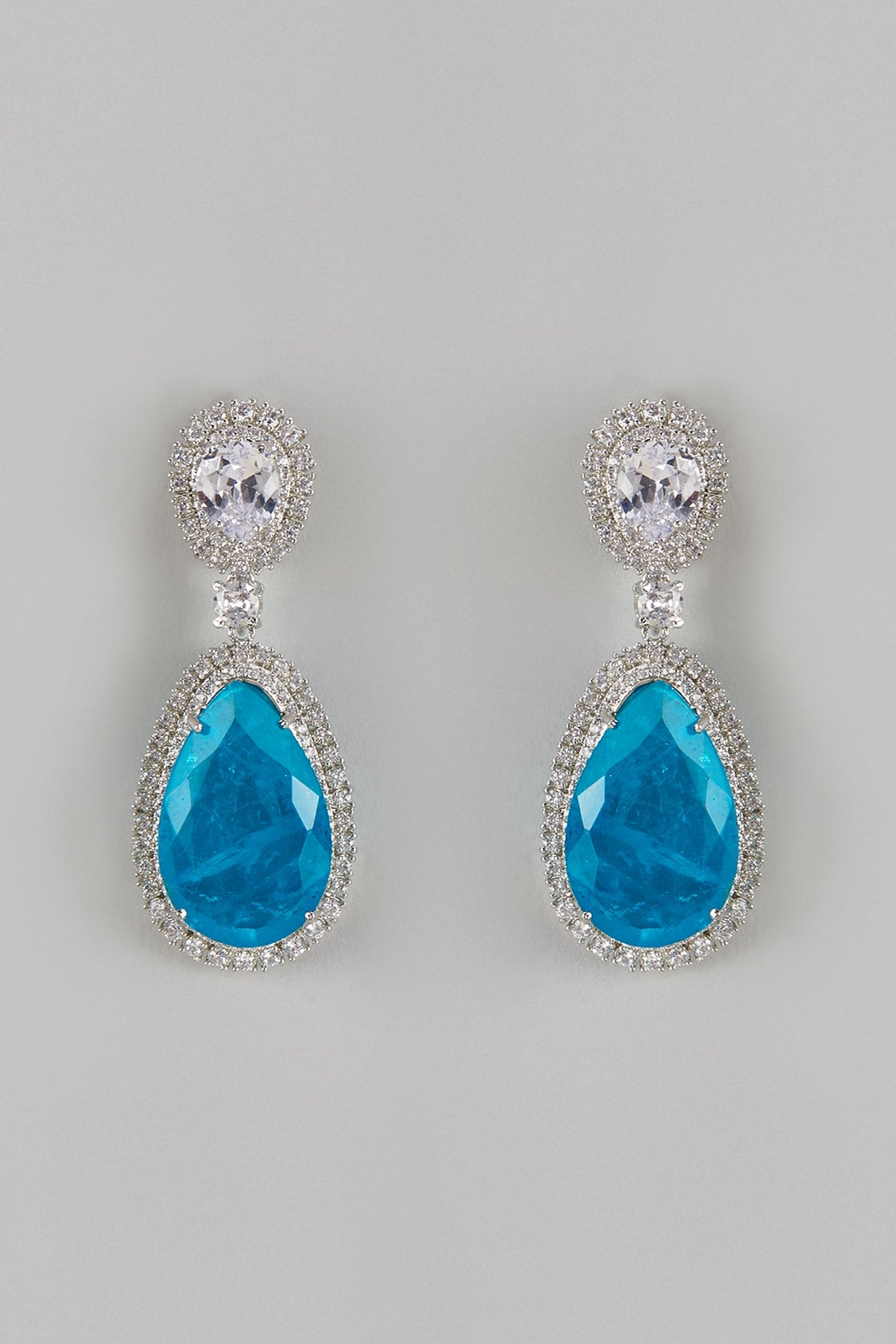 White Finish Aqua Zircon Dangler Earrings
