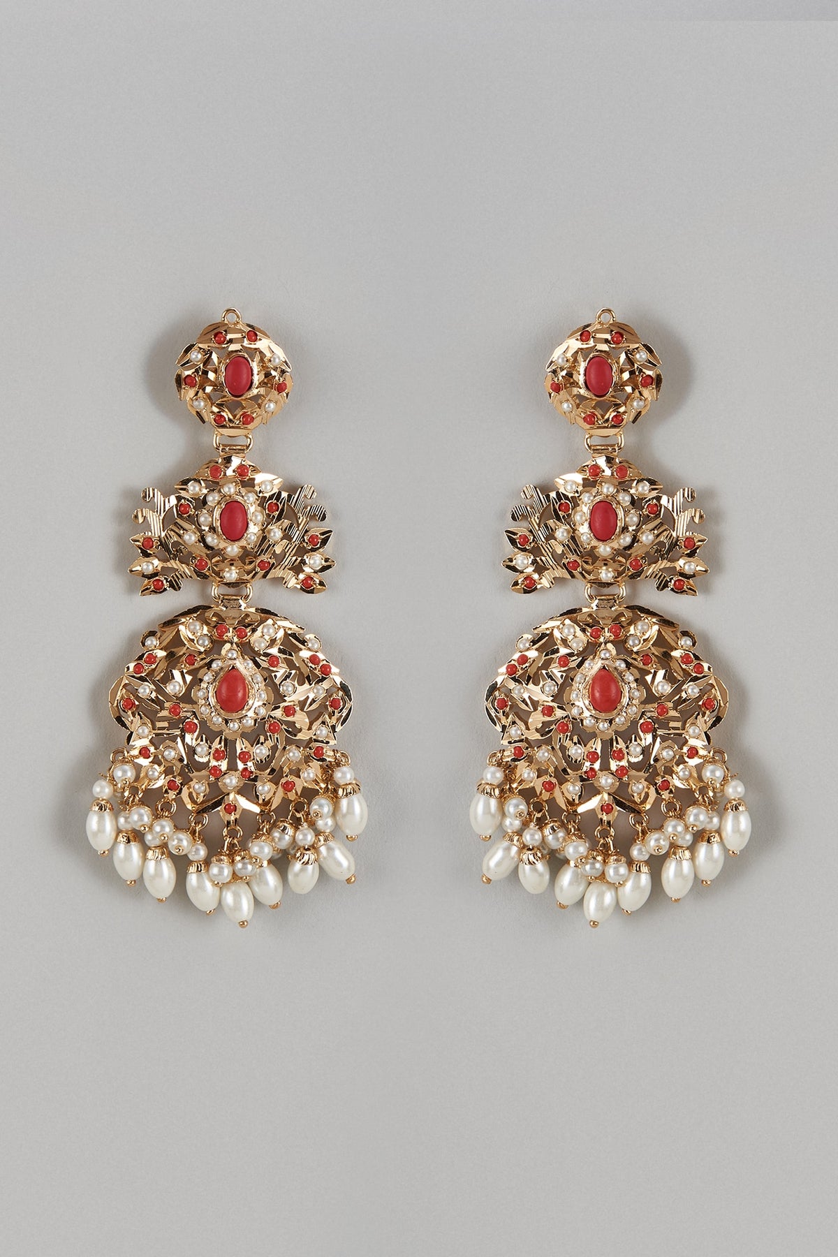 Gold Finish Kundan Polki & Coral Stone Dangler Earrings