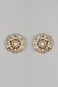 Gold Finish Kundan Polki & Pearl Stud Earrings