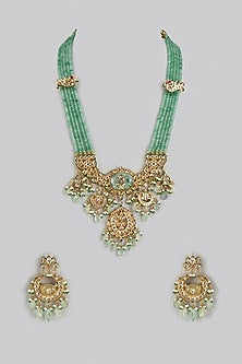 Gold Finish Mint Green & Red Stone Long Necklace Set
