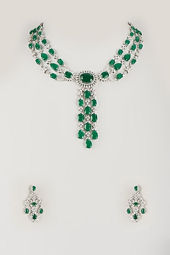 Silver Finish Emerald Synthetic & Zircon Necklace Set
