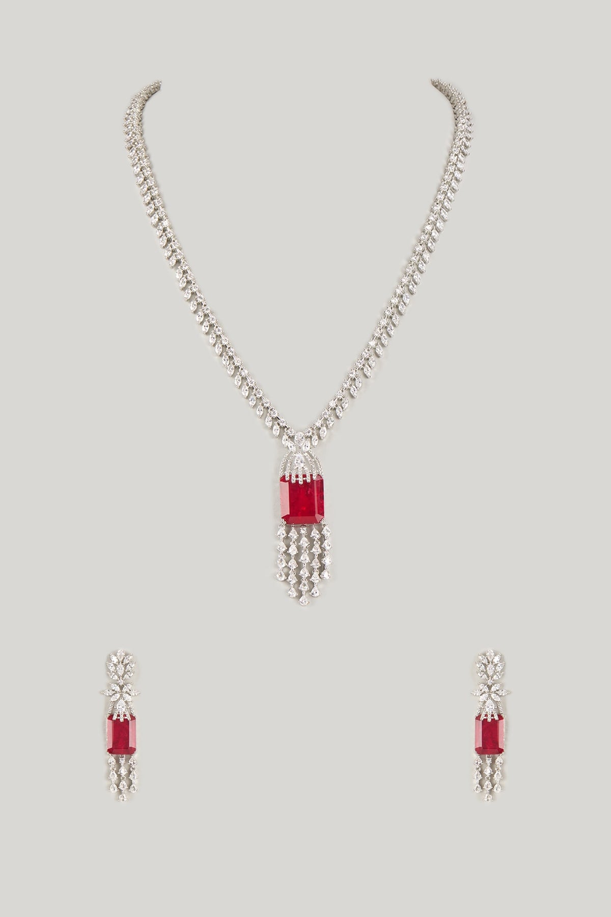 Silver Finish Ruby & Zircon Long Necklace Set