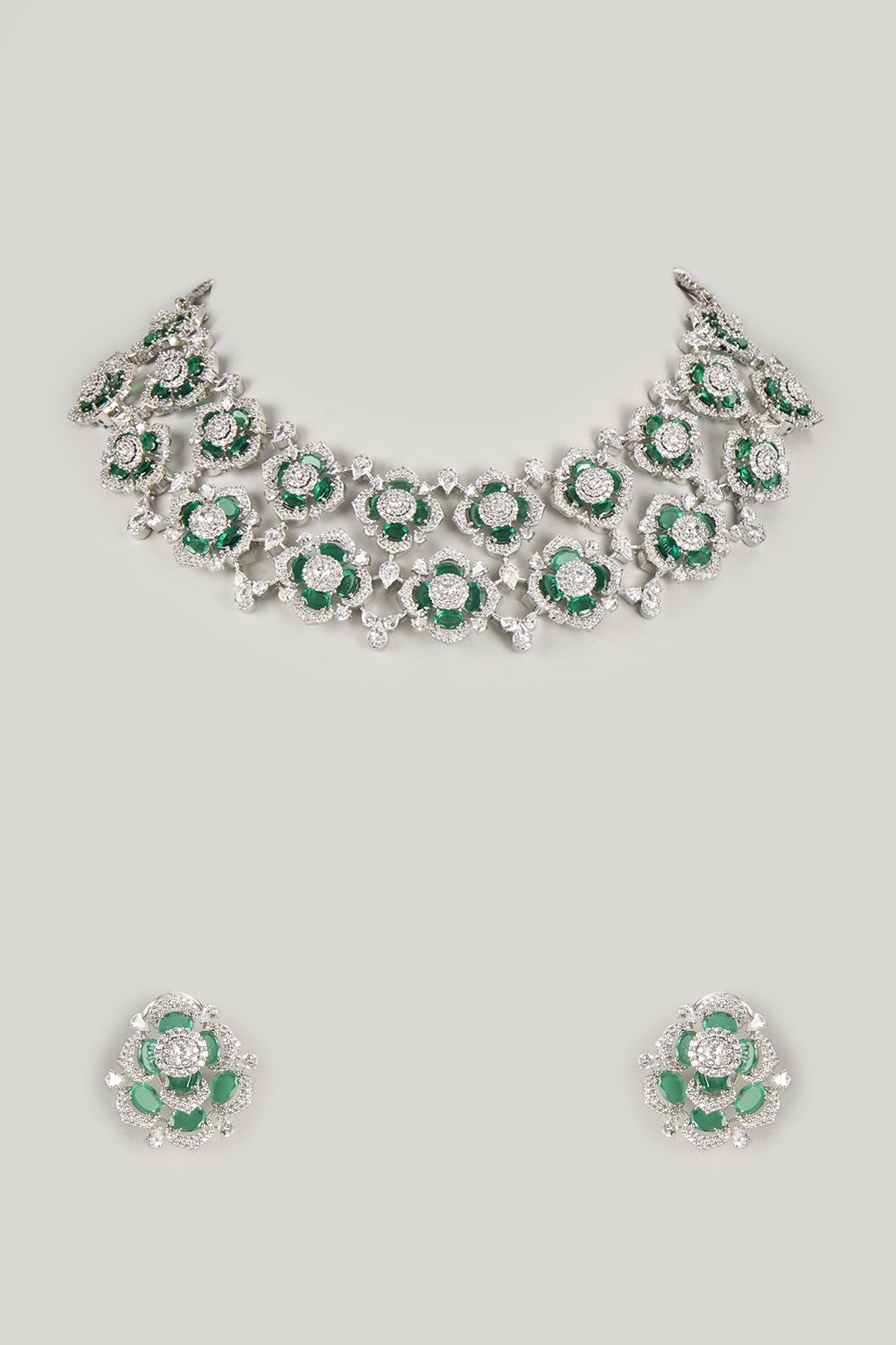 Silver Finish Emerald Stone & Zircon Choker Necklace Set