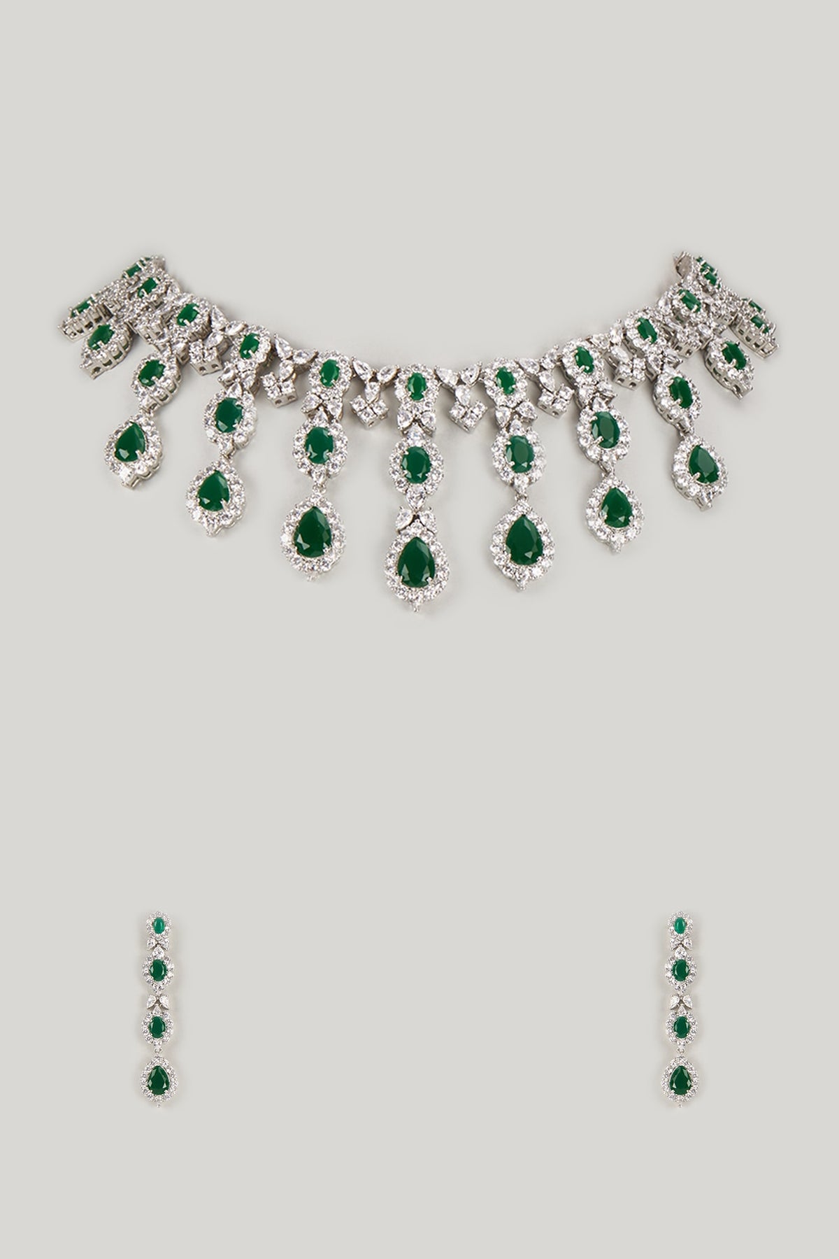 Silver Finish Emerald & Zircon Choker Necklace Set