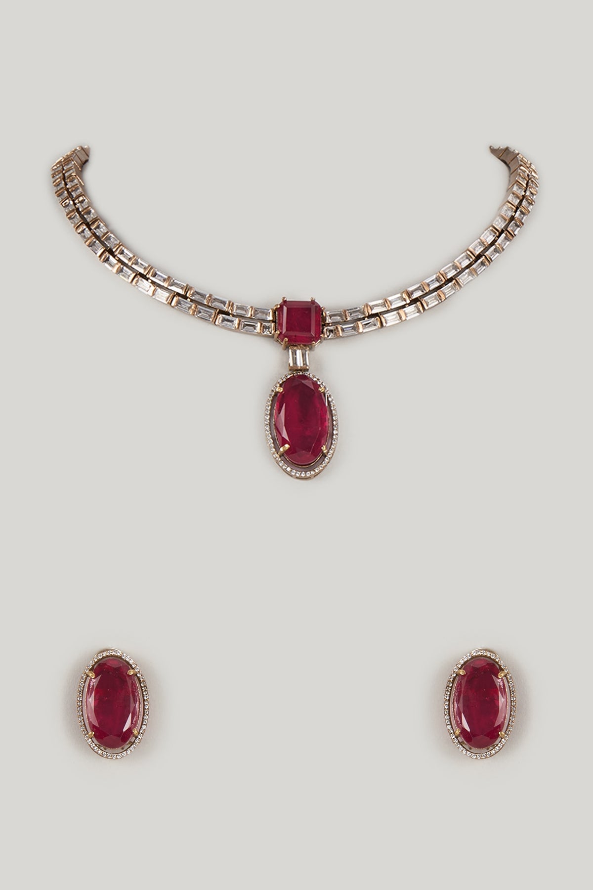 Gold Finis Moissanite & Ruby Long Necklace Set