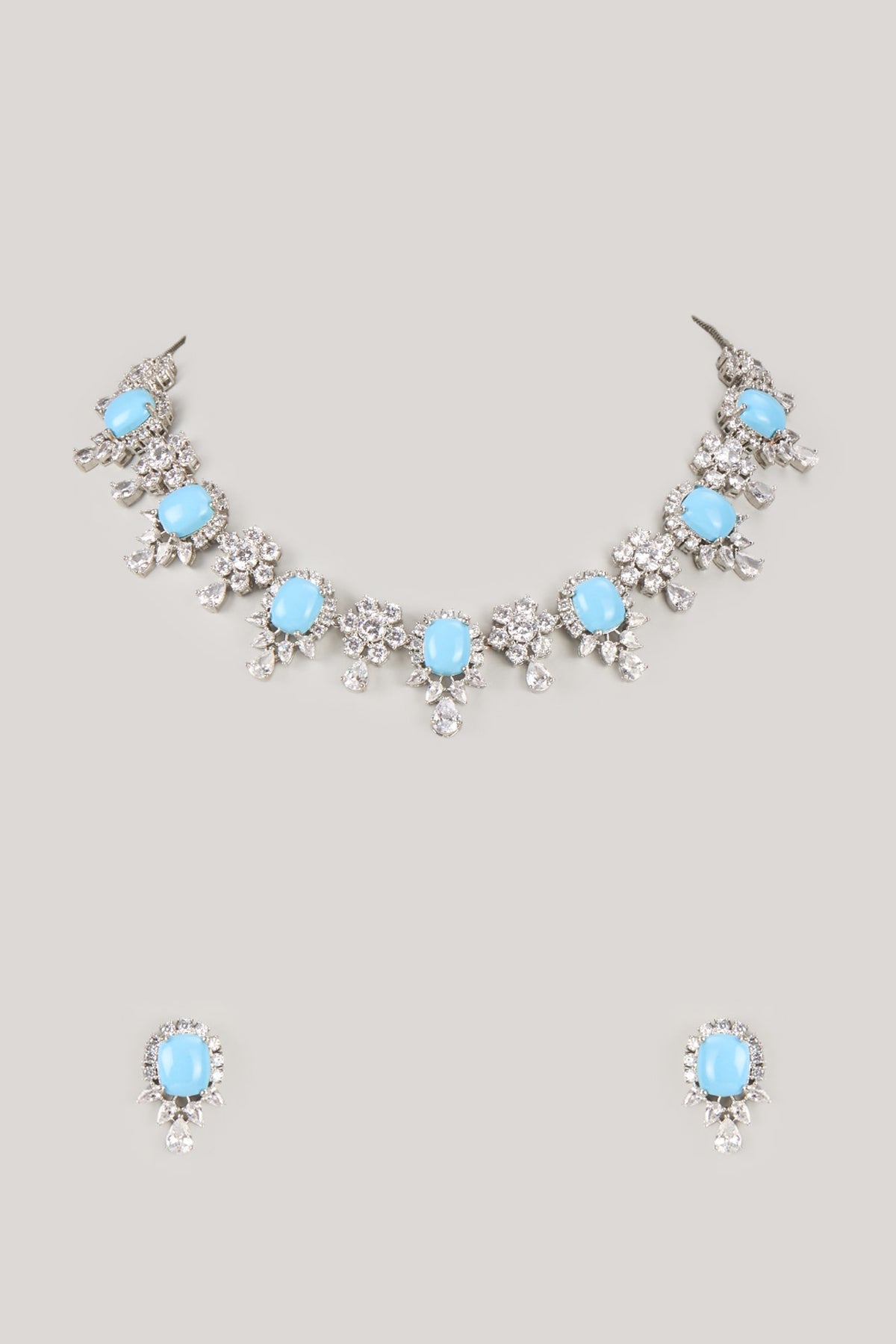 Silver Finish Zircon & Blue Stone Choker Necklace Set