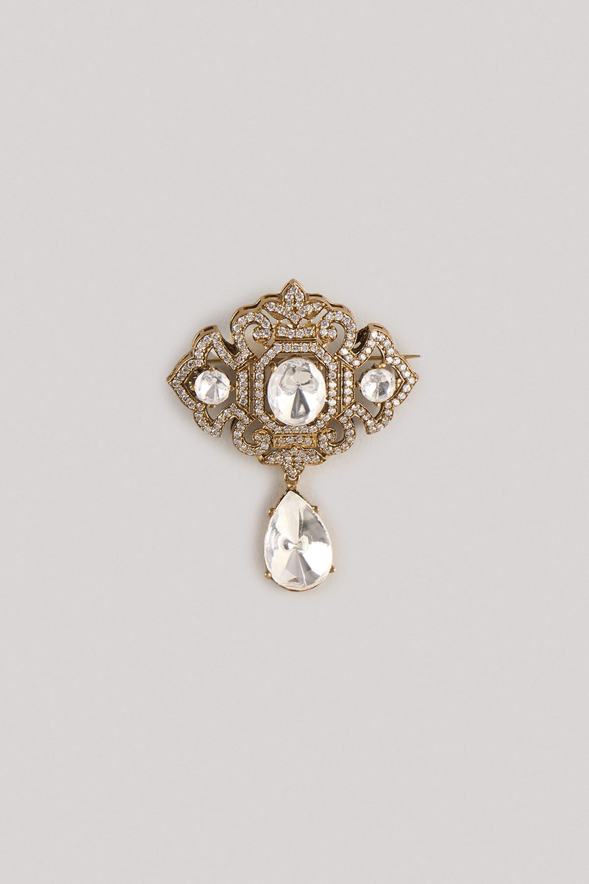 Gold Finish Kundan Polki & Zircon Brooch