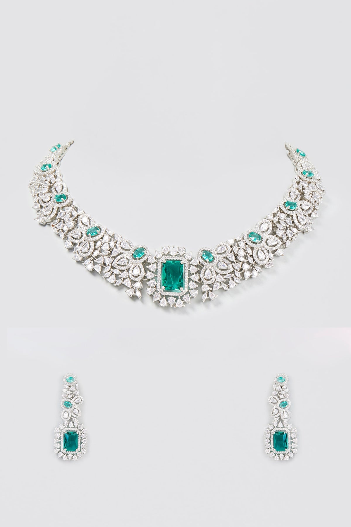 White Finish Aqua Stone Choker Necklace Set