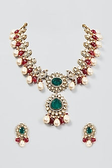 Gold Finish Red Beaded Necklace Set
