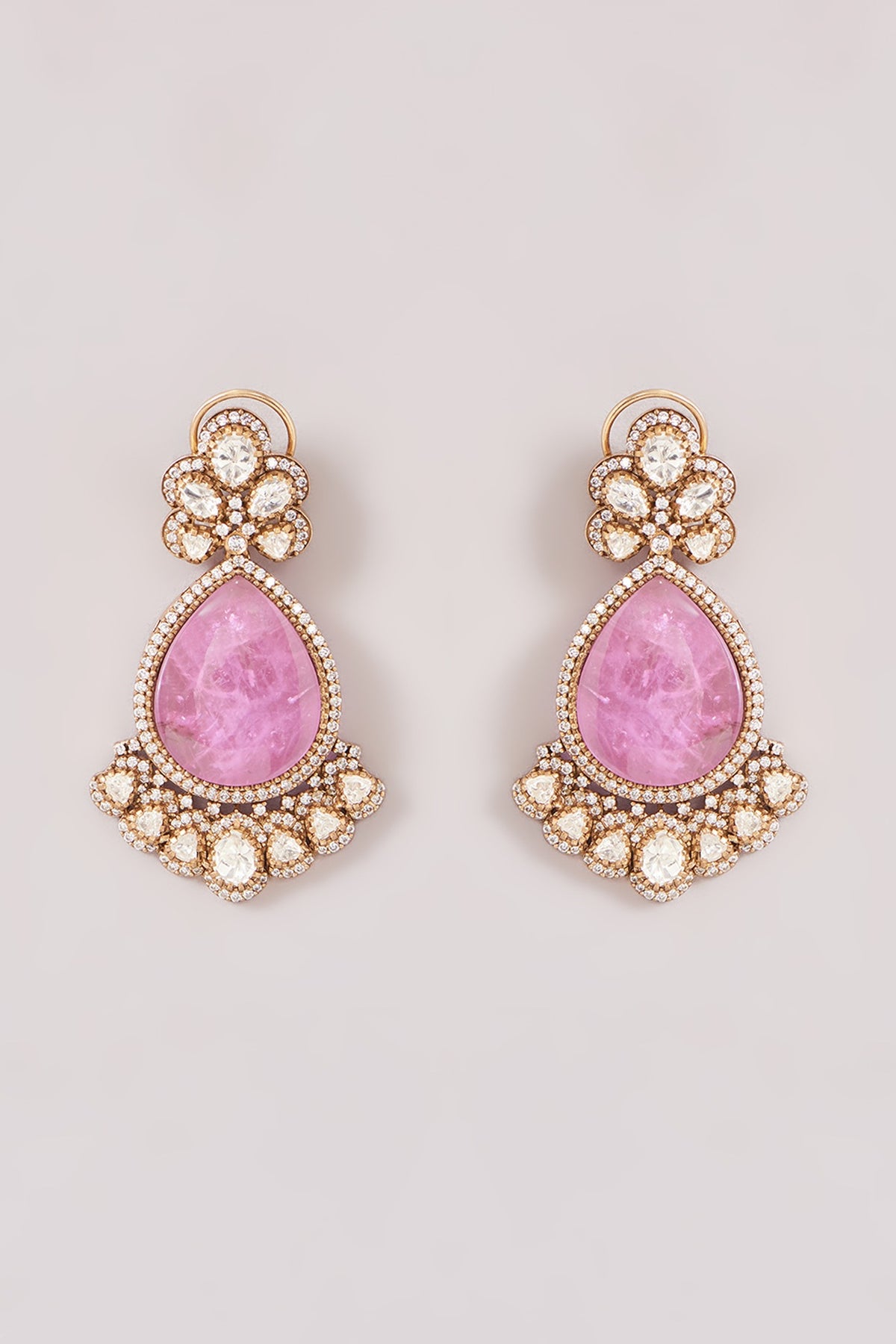 Gold Finish Kundan Polki & Purple Stone Dangler Earrings