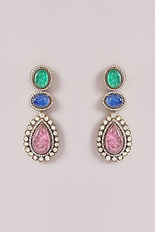 White Finish Zircon & Multi-Colored Stone Long Necklace Set
