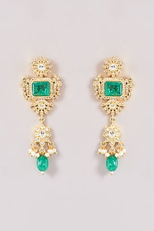 Gold Finish Kundan Polki & Emerald Stone Long Necklace Set