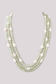 White Finish Green Beaded & Baroque Pearl Layered Necklace