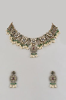 Black Rhodium Finish Kundan Polki & Pearl Choker Necklace Set