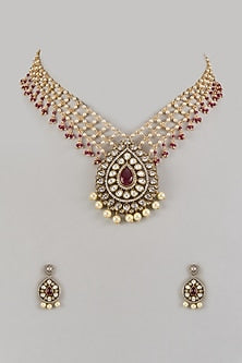 Gold Finish Ruby Stone & Pearl Long Necklace Set