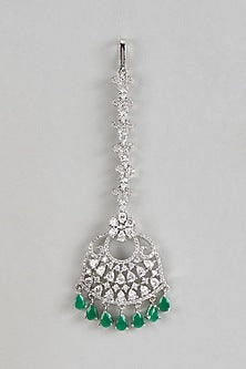White Finish Zircon & Emerald Stone Maangtikka