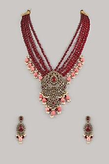 Gold Finish Ruby & Moissanite Long Necklace Set