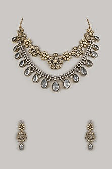 Black Rhodium Finish Grey Agate & Zircon Layered Necklace Set