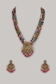 Gold Finish Multi-Colored Stone & Pearl Beaded Long Necklace Set