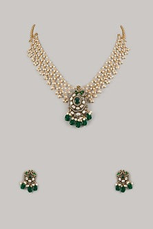 Gold Finish Emerald & Pearl Beaded Long Necklace Set