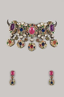 Gold Finish Ruby & Emerald Choker Necklace Set