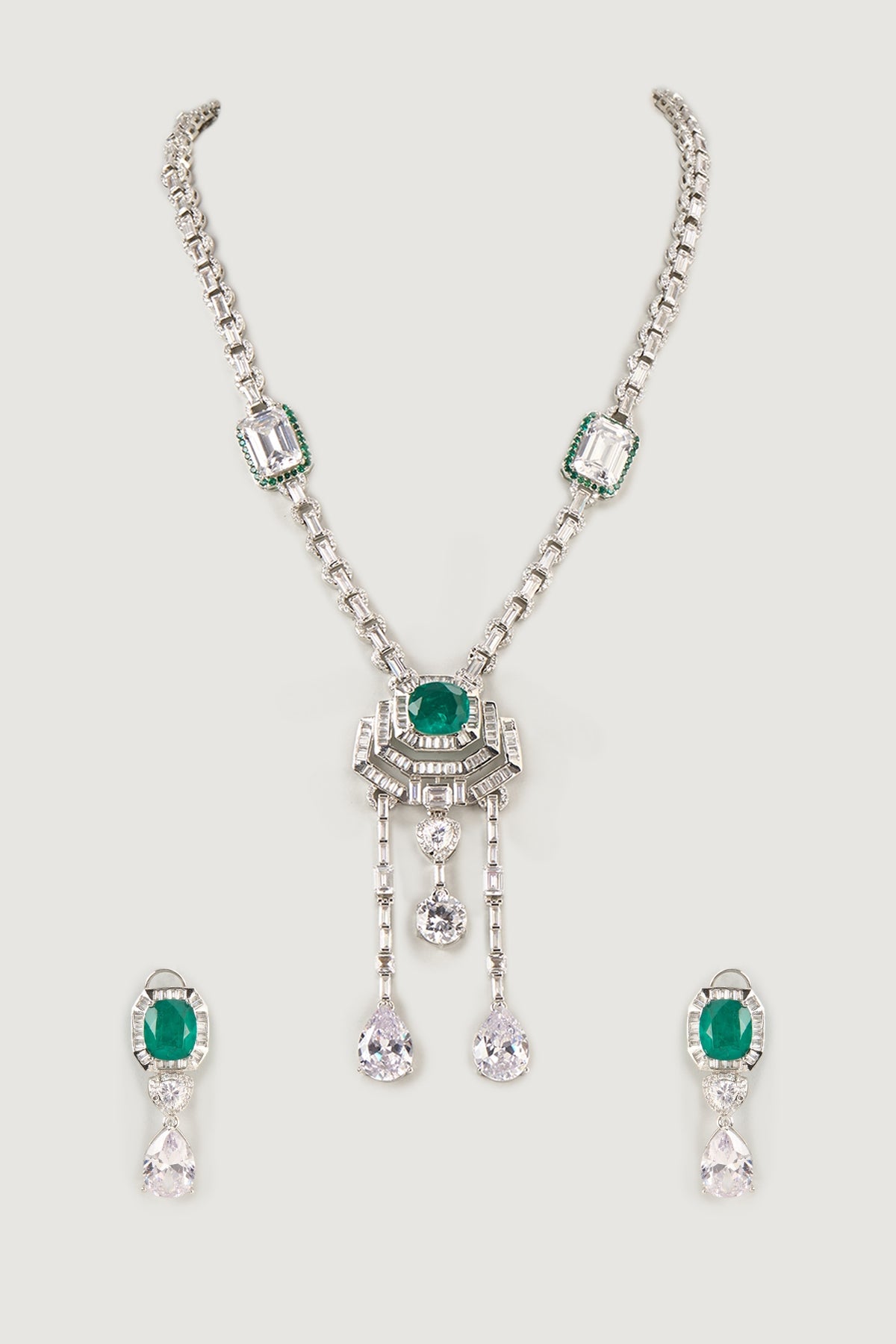 Silver Finish Emerald & Zircon Long Necklace Set