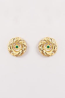 Gold Finish Zircon & Emerald Layered Stud Earrings