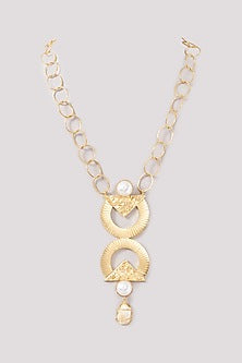 Gold Finish Pearl Interconnected Long Necklace