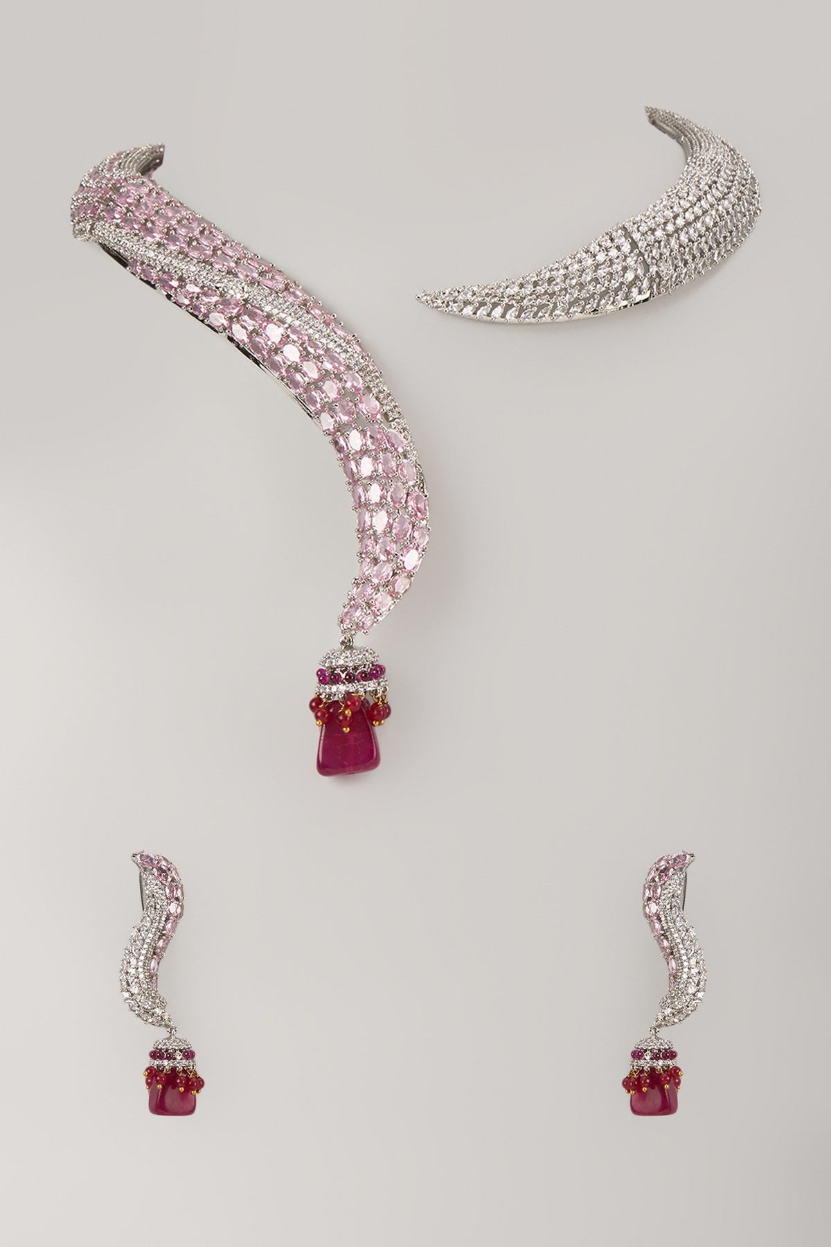 Silver Finish Ruby & Zircon Necklace Set