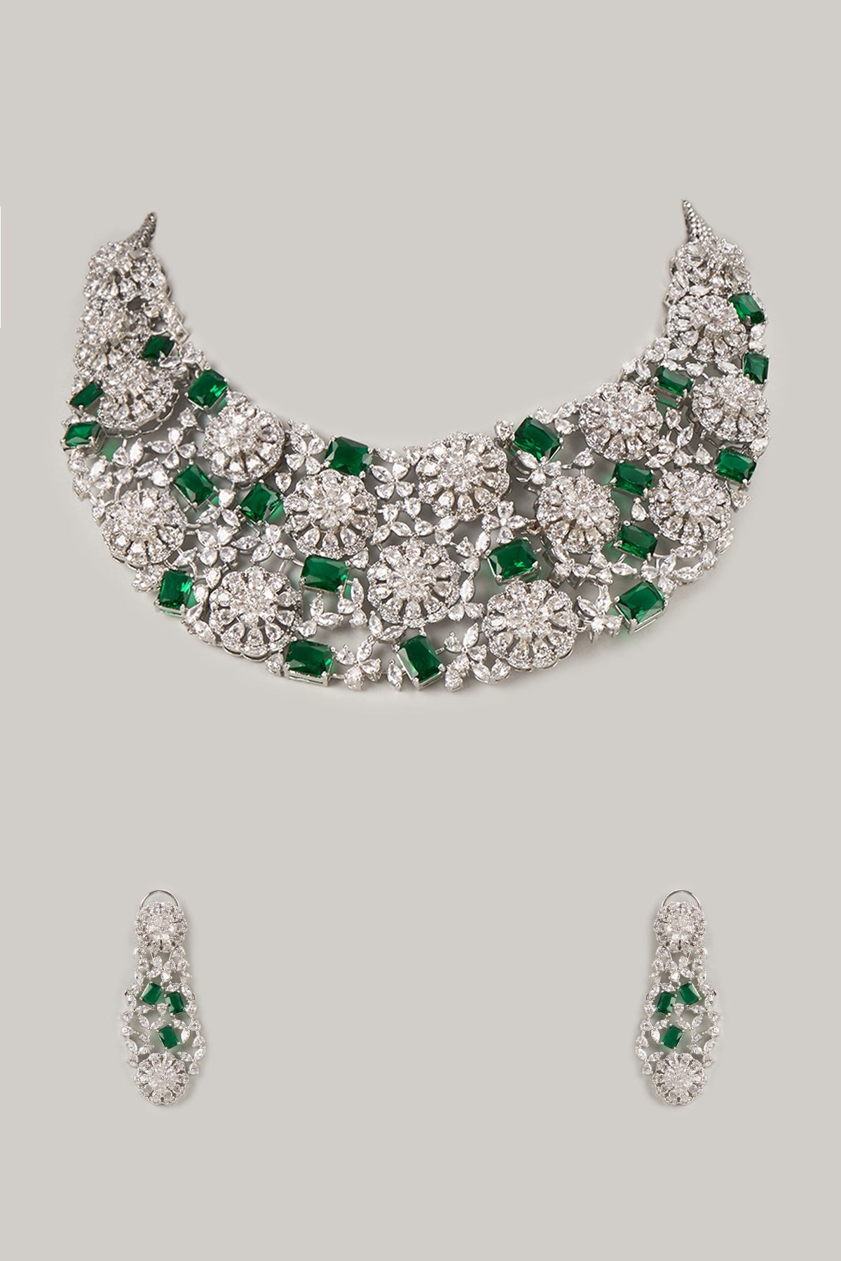 Silver Finish Emerald & Zircon Choker Necklace Set