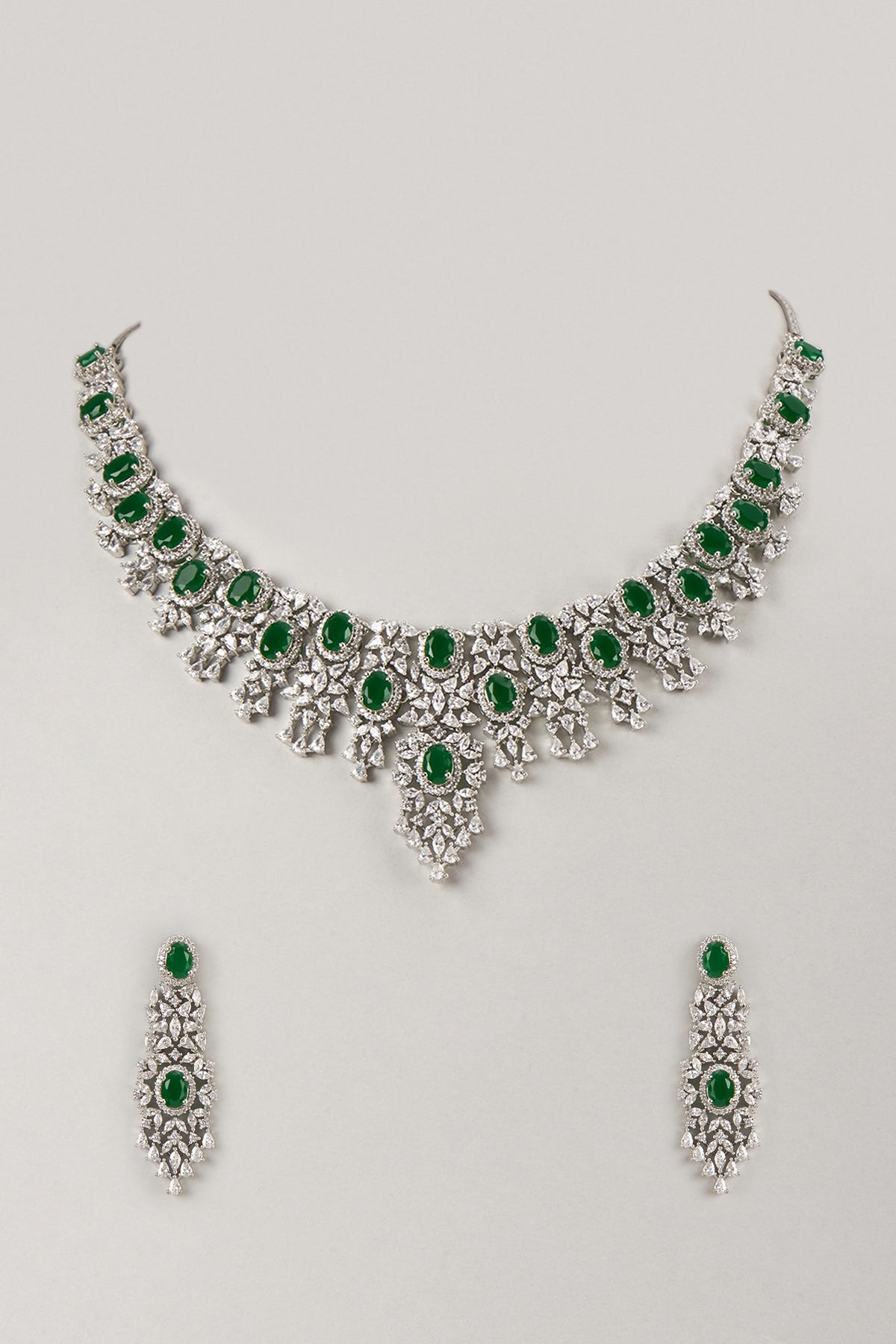 Silver Finish Zircon & Emerald Choker Necklace Set