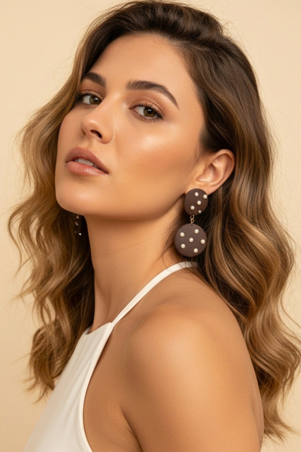 Gold Plated Brown Stone & Pearl Dangler Earrings