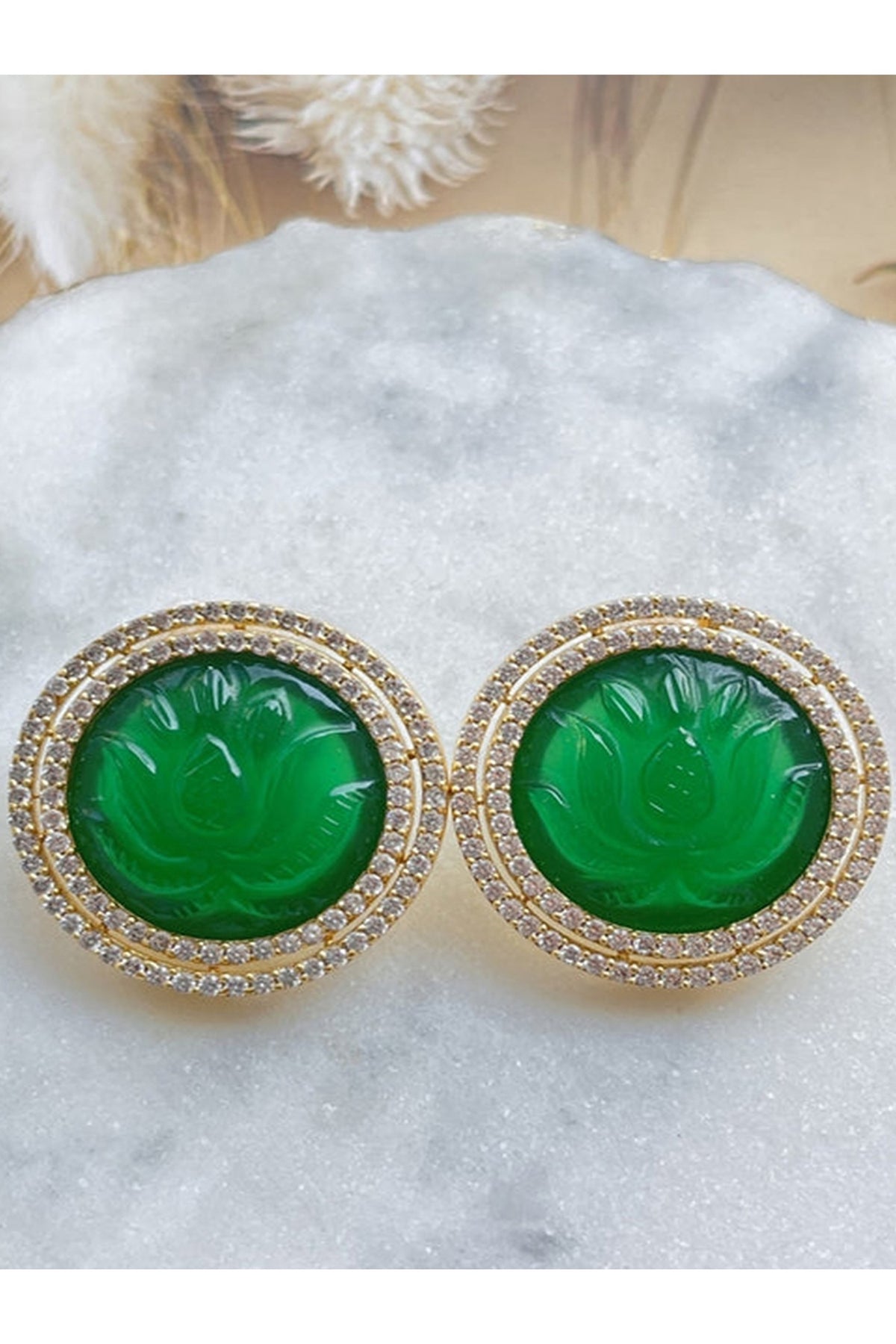 Gold Finish Green Lotus Quartz Stud Earrings