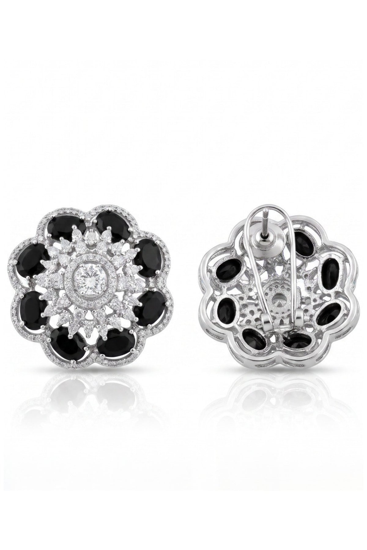 White Rhodium Finish Diamond & Black Stone Stud Earrings