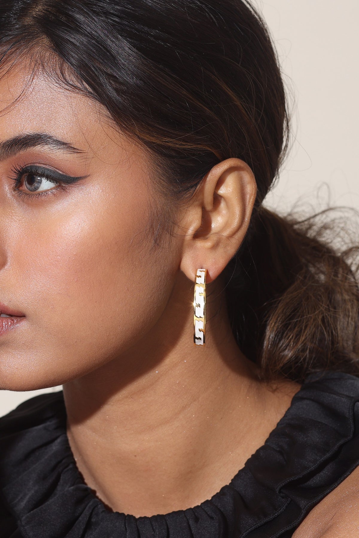 Gold Finish White Enameled Hoop Earrings