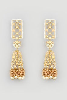 Gold Finish Pearls & Stones Long Dangler Earrings