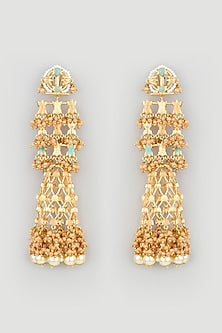Gold Finish Handcrafted Jhumka Earrings With Synthetic Stones