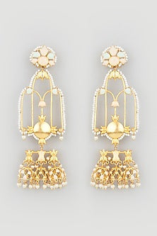Gold Finish Handcrafted Floral Jhumka Earrings With Pearls