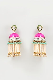 Gold Finish Beaded & Crystal Enamelled Dangler Earrings