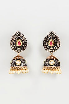 Gold Finish Pearl Enamelled Dangler Earrings