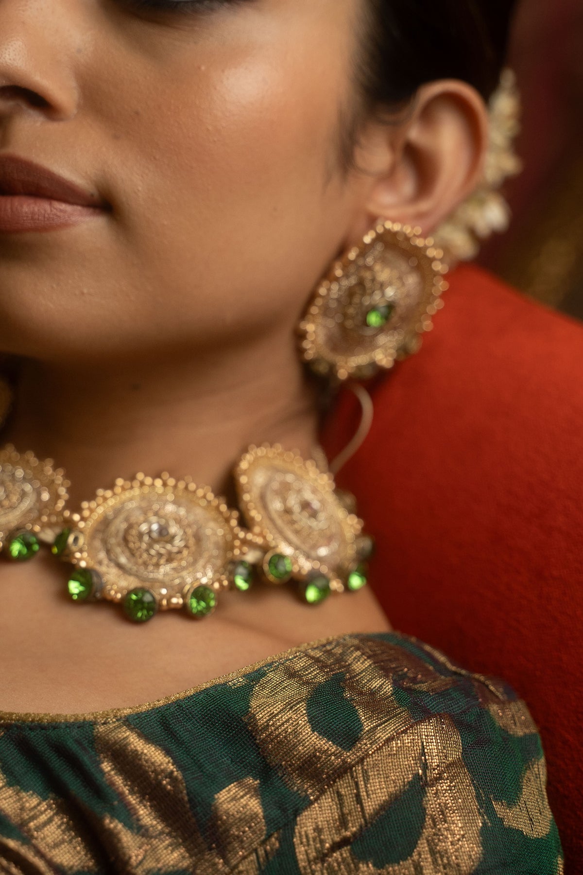 Gold Peeta Dabka & Zardosi Work Pendant Choker Necklace Set