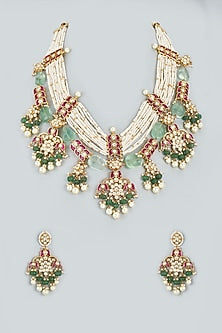 Gold Finish Multi-Colored Stones & Kundan Polki Long Necklace Set