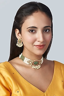 Gold Finish Choker Necklace Set With Multi-Colored Stones