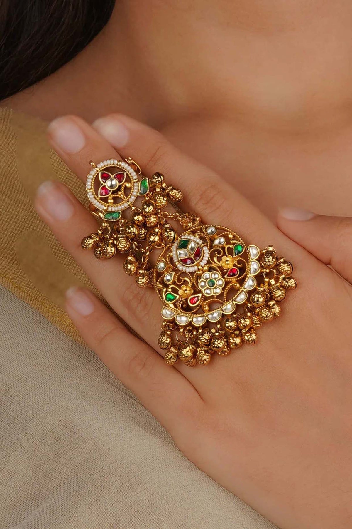 Gold Plated Uncut Polki & Beaded Jadau Ring