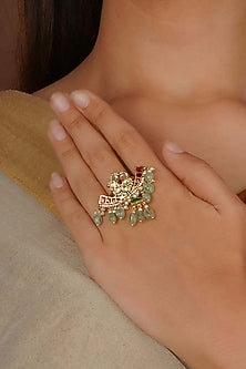 Gold Plated Uncut Polki & Beaded Jadau Ring