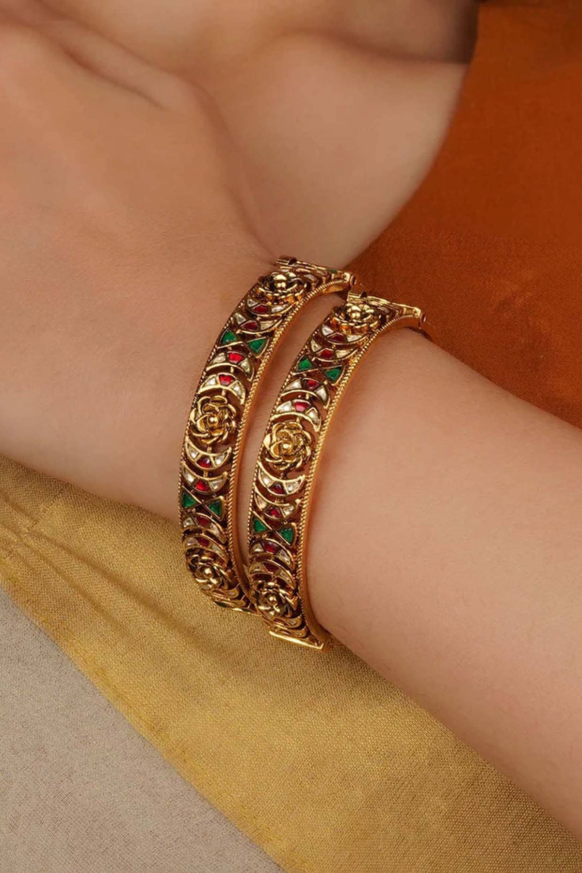 Gold Plated Uncut Polki & Beaded Jadau Bangle (Set Of 2)